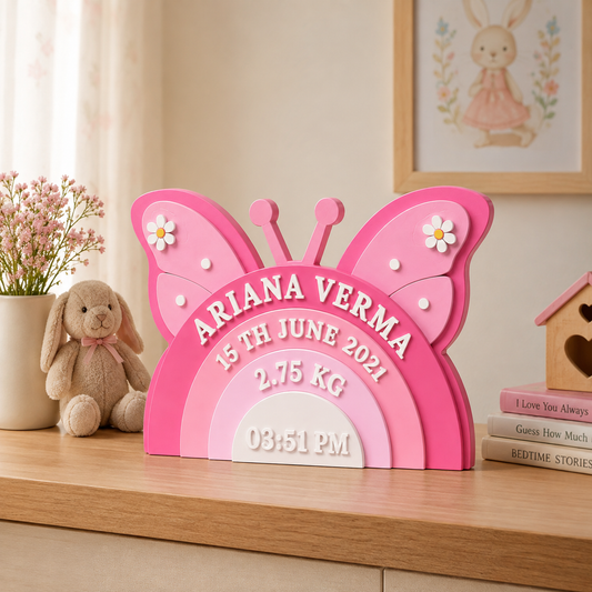 Butterfly Themed Hand-Painted Wooden Personalised Baby Birth Details Name Plate