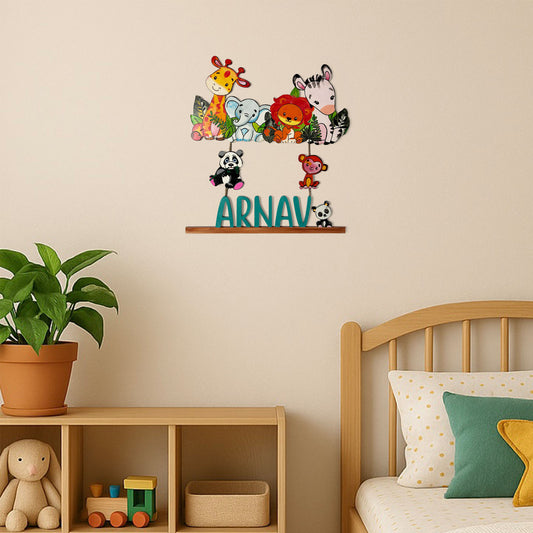 Animal Themed Hand-Painted Wooden Kids Name Plate - Design 3
