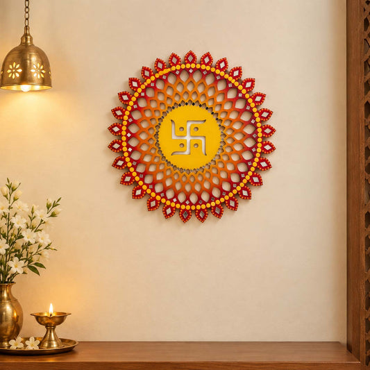 Sahasrara Chakra Swastik Hand-Painted Wooden Wall Hanging - Red
