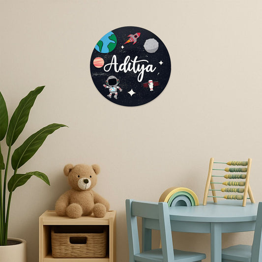 Space Themed Hand-Painted Wooden Round Kids Name Plate - Design 1