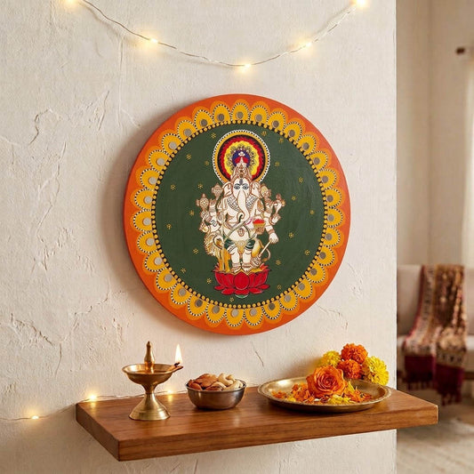 Ganpati Ji Hand-Painted Wooden Mandala Wall Hanging - Green