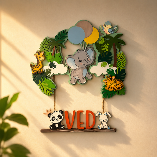 Animal Themed Hand-Painted Wooden Kids Name Plate - Design 5