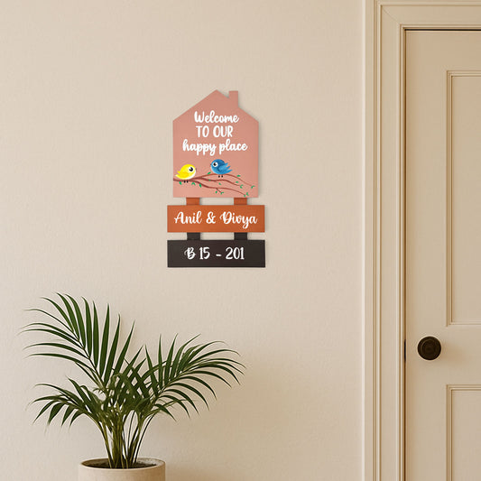 Birds Themed Hut-Shaped Hand-Painted Wooden Name Plate For Home - Hut & Two Planks