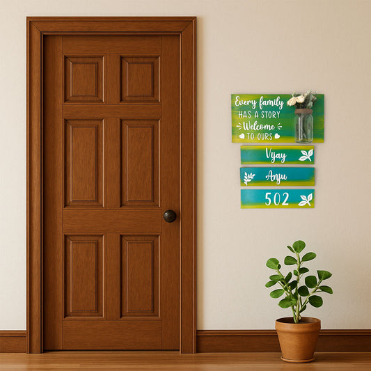 Every Family Has A Story Welcome To Ours Hand-Painted Wooden Name Plate With Jar For Home - Jar Board & Three Planks