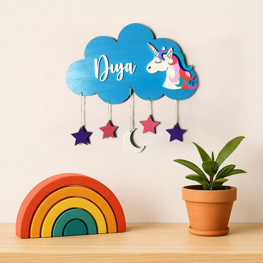 Cloud & Unicorn Themed Hand-Painted Wooden Kids Name Plate