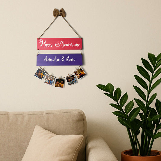 Happy Anniversary Hand-Painted Wooden Photo Holder - Pink & Purple