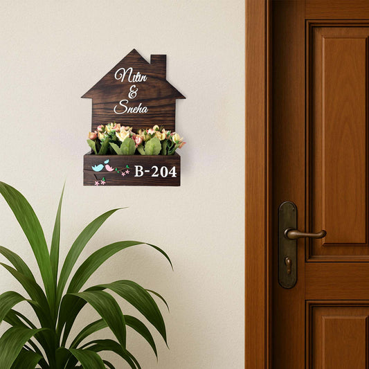 Hut-Shaped Hand-Painted Wooden Planter Name Plate For Home - Wooden Finish