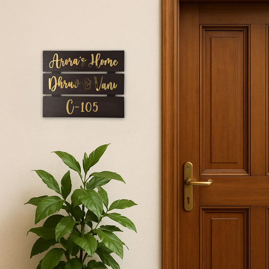 Hand-Painted Wooden Three Plank Name Plate For Home - Dark Brown
