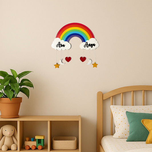 Rainbow Themed Hand-Painted Wooden Kids Name Plate - Design 1