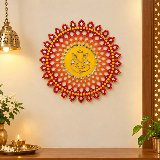 Sahasrara Chakra Ganesha Hand-Painted Wooden Wall Hanging - Red