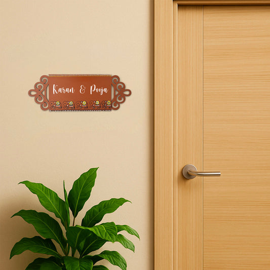 Elephant Artwork Hand-Painted Wooden Madhubani Name Plate For Home