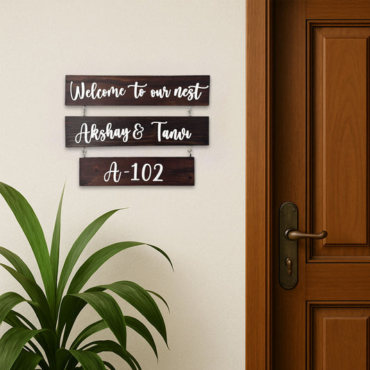 Three Plank Hand-Painted Wooden Name Plate For Home - Wooden Finish