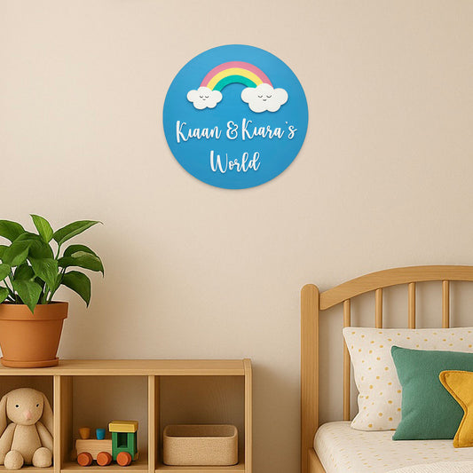 Rainbow Themed Hand-Painted Wooden Round Kids Name Plate
