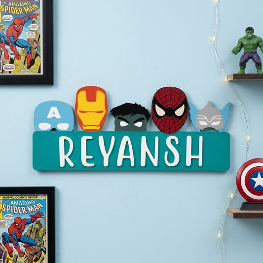 Avengers Themed Hand-Painted Wooden Kids Name Plate - Teal