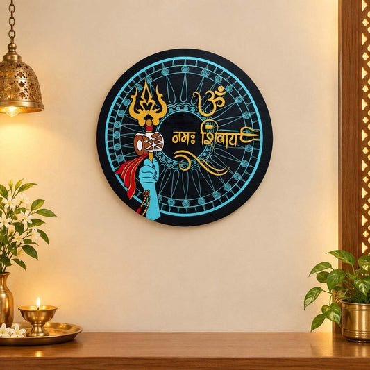 Om Namah Shivaya Hand-Painted Wooden Round Wall Hanging With Shiva Trishul - Blue