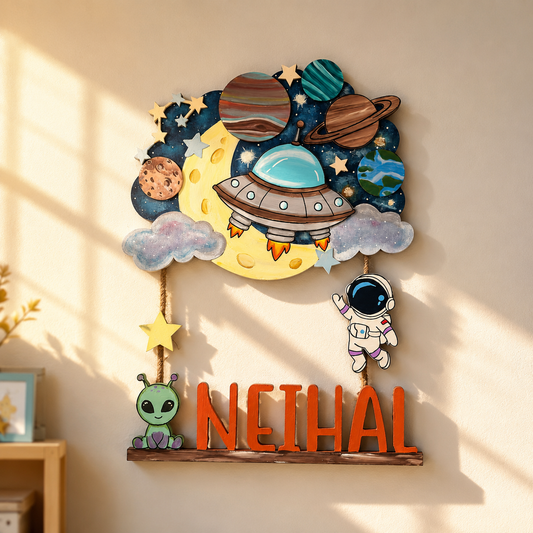 Space Themed Hand-Painted Wooden Kids Name Plate - Design 2