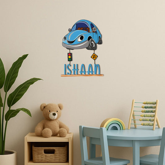 Car Themed Hand-Painted Wooden Kids Name Plate