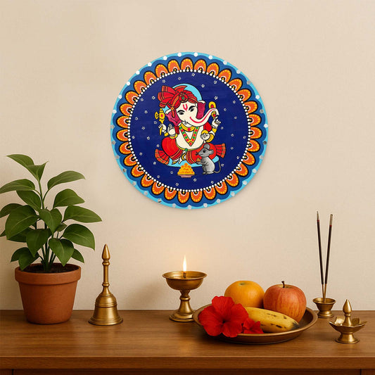 Ganesha Hand-Painted Wooden Mandala Wall Hanging - Blue