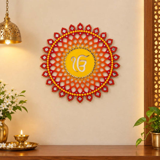 Sahasrara Chakra Ik Onkar Hand-Painted Wooden Wall Hanging - Red
