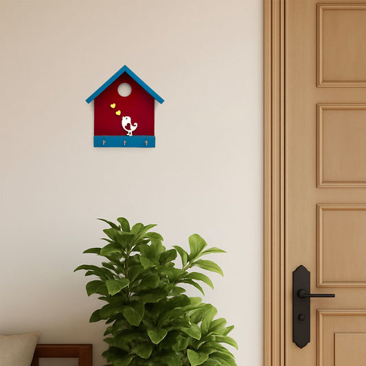 Hand-Painted Wooden Hut Key Holder With Bird