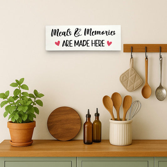 Meals & Memories Are Made Here Hand-Painted Wooden Kitchen Wall Hanging - White