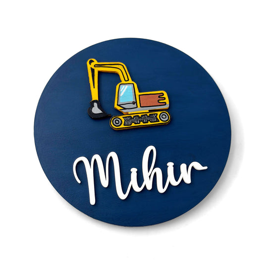 Excavator Themed Hand-Painted Wooden Name Plate For Kids
