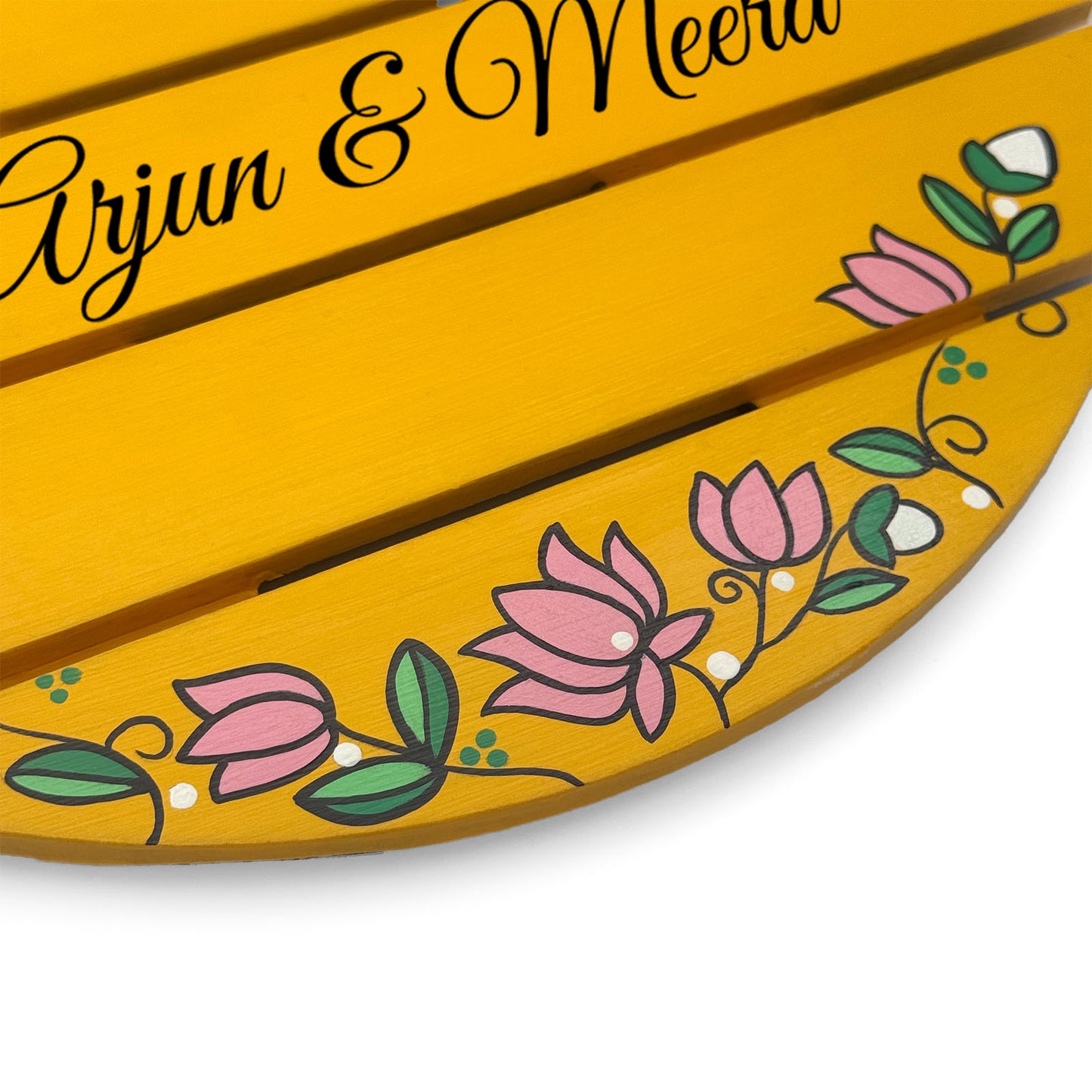 Lotus Artwork Hand-Painted Wooden Madhubani Round Name Plate For Home