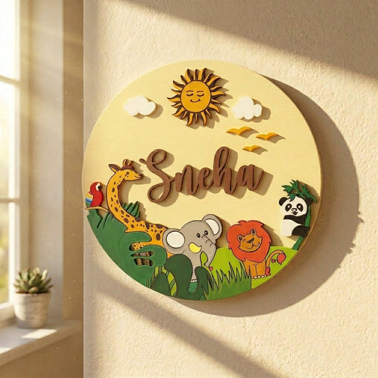 Animal Themed Hand-Painted Wooden Round Kids Name Plate - Design 3