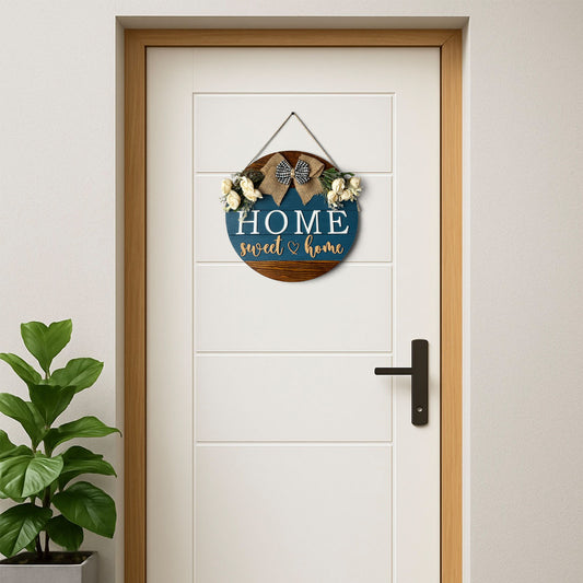 Home Sweet Home Hand-Painted Wooden Door Hanger - Blue & Wooden Finish
