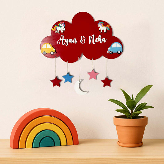 Cloud, Unicorn, & Car Themed Hand-Painted Wooden Kids Name Plate