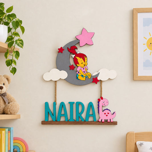 Pebbles Flintstone Moon & Dinosaur Themed Hand-Painted Wooden Kids Name Plate - Design 1