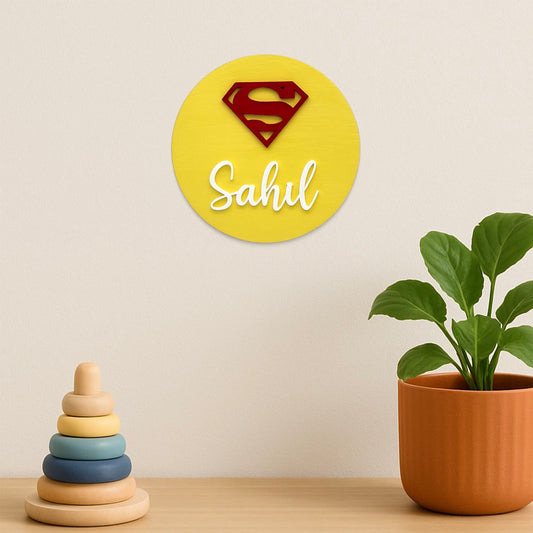 Superman Themed Hand-Painted Wooden Mini Kids Name Plate