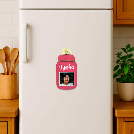 Personalised Hand-Painted Wooden Jar Fridge Magnet With Photo - Pink