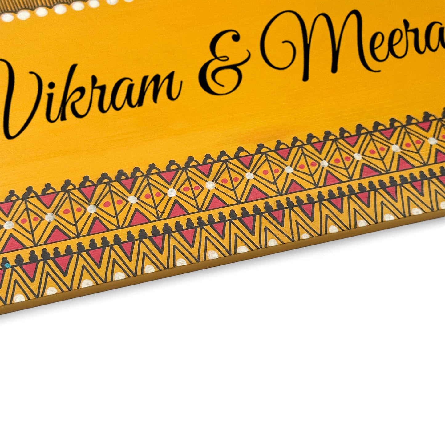 Geometric Artwork Hand-Painted Wooden Madhubani Name Plate For Home