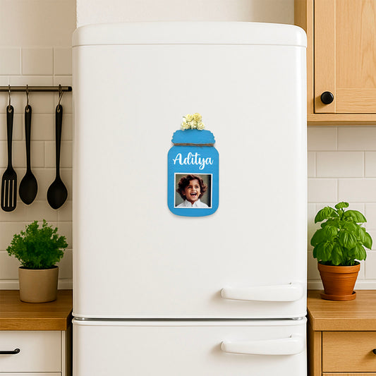 Personalised Hand-Painted Wooden Jar Fridge Magnet With Photo - Blue
