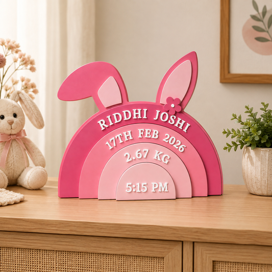 Rabbit Themed Hand-Painted Wooden Personalised Baby Birth Details Name Plate