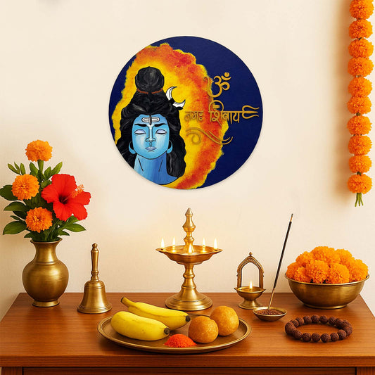 Om Namah Shivaya Hand-Painted Wooden Round Wall Hanging With Shiv Ji Image - Blue