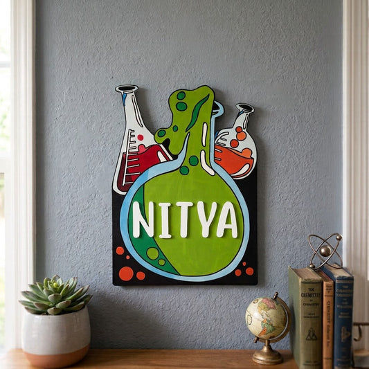Science Themed Hand-Painted Wooden Kids Name Plate