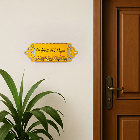 Peacock Artwork Hand-Painted Wooden Madhubani Name Plate For Home