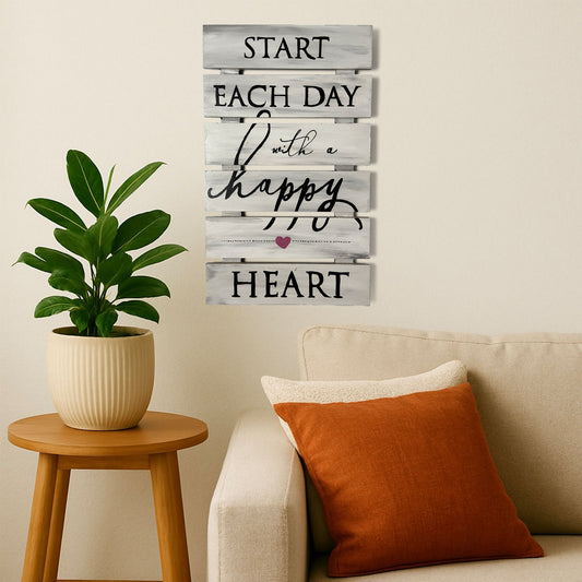 Start Each Day With A Happy Heart Hand-Painted Wooden Wall Hanging