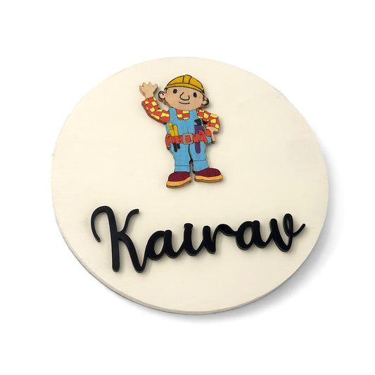 Bob The Builder Themed Hand-Painted Wooden Name Plate For Kids