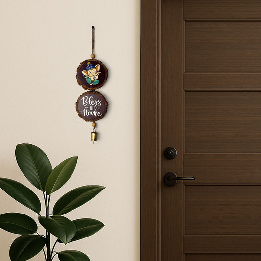 Ganesha Bless This Home Hand-Painted Wooden Log Wall Hanging - Brown