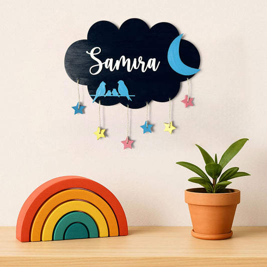Cloud & Bird Themed Hand-Painted Wooden Kids Name Plate