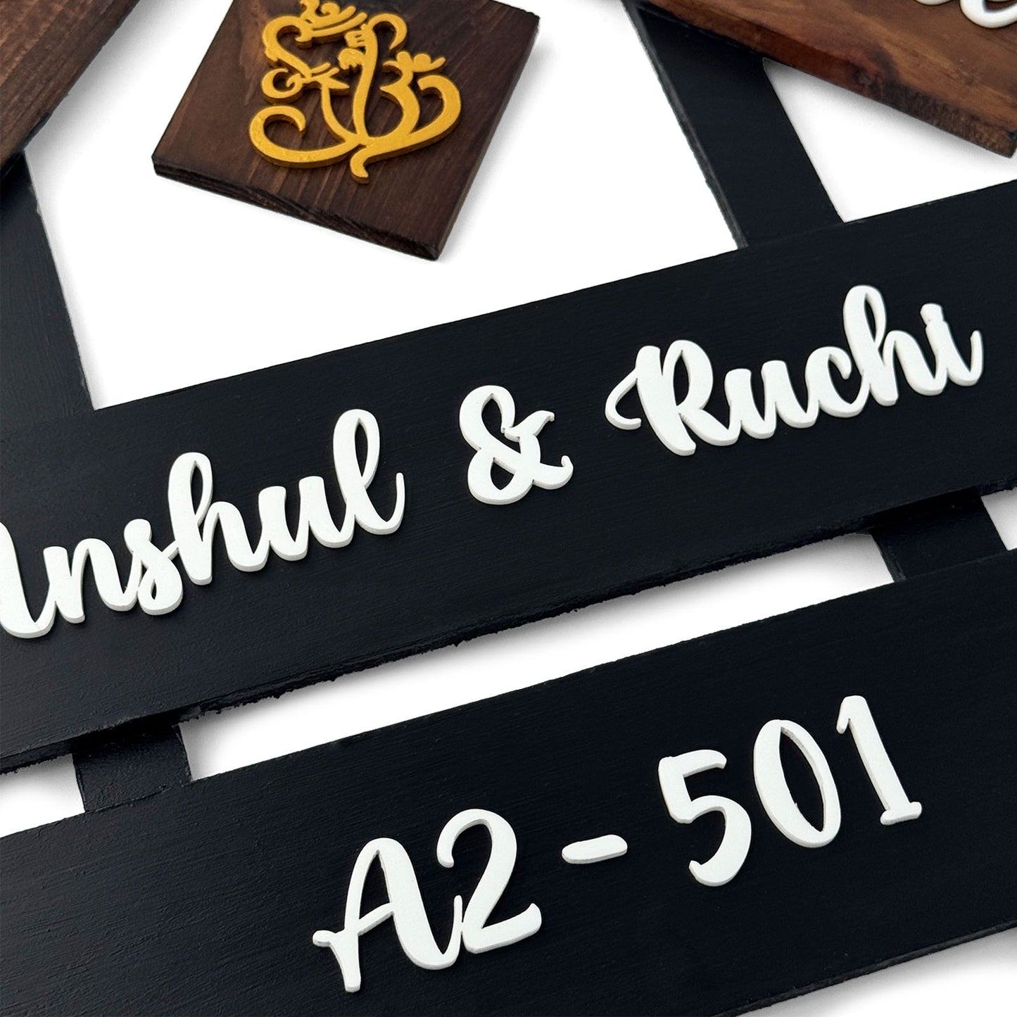 House With Roof And Double Plank Hand-Painted Wooden Hut-Shaped Name Plate For Home - Black & Wooden Finish