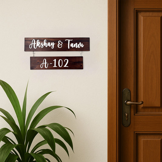 Two Plank Hand-Painted Wooden Name Plate For Home - Wooden Finish