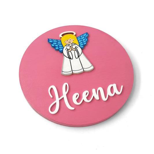 Angel Themed Hand-Painted Wooden Name Plate For Kids - Design 1