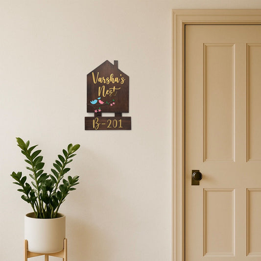 Birds Themed Hut-Shaped Hand-Painted Wooden Name Plate For Home - Wooden Finish