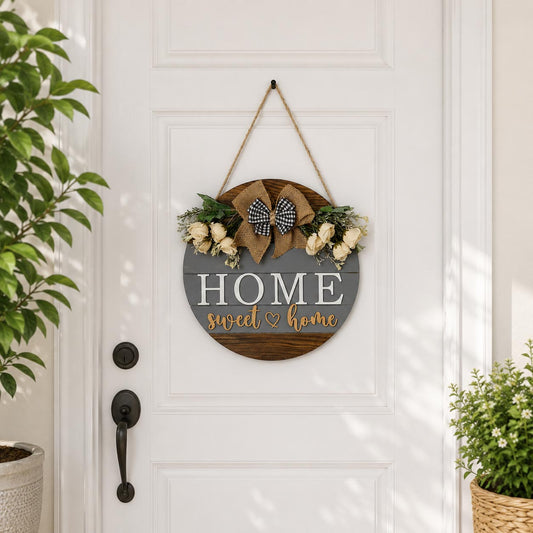 Home Sweet Home Hand-Painted Wooden Door Hanger - Grey & Wooden Finish