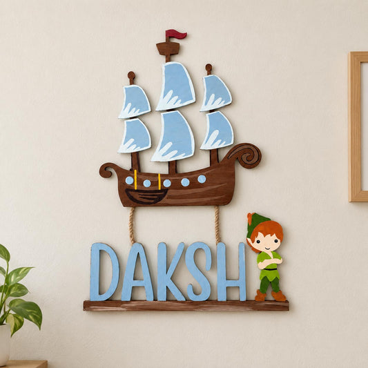 Peter Pan’s Neverland Pirate Ship Themed Hand-Painted Wooden Kids Name Plate - Design 1