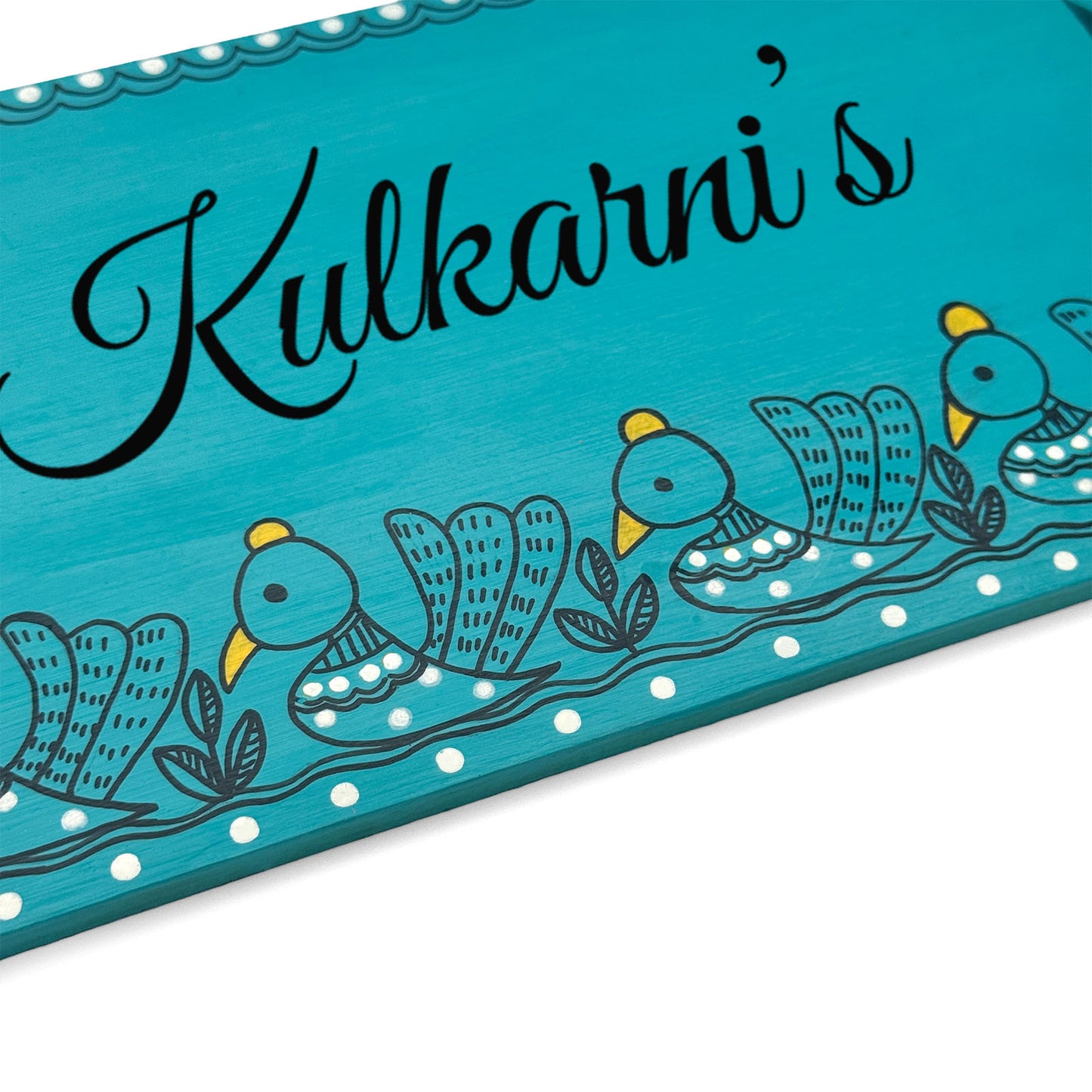 Peacock Artwork Hand-Painted Wooden Madhubani Name Plate For Home